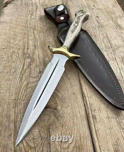 CUSTOM HANDMADE 15'in Stage Horn Handle D2 Steel Hunting Dagger Knife With Brass