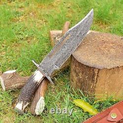 CUSTOM HANDMADE FORGED DAMASCUS STEEL HUNTING KNIFE Deer STAG Antler HANDLE EDC