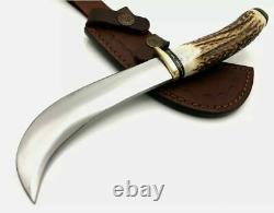 Custom D2 Tool Steel Bowie Hunting Knife Brass Guard Stag Antler Handle