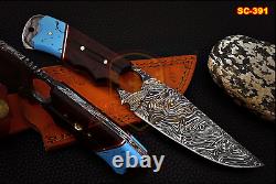 Custom Full Tang Damascus Steel Hunting Knife Rosewood & Ocean Resin Handle