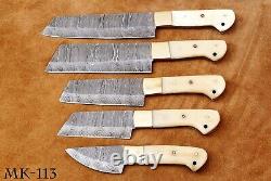 Custom HAND FORGED DAMASCUS STEEL CHEF KNIFE KITCHEN SET WithBone & Brass HANDLE