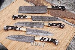 Custom HAND FORGED DAMASCUS STEEL CHEF KNIFE KITCHEN SET WithResin & Brass HANDLE