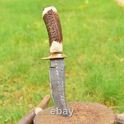 Custom HANDMADE FORGED DAMASCUS Steel Hunting Knife With Stag & Brass Guard Handle