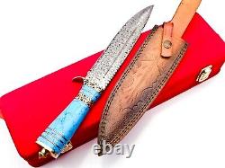 Custom Hand Damascus Steel Hunting Knife, Turquoise Stone& Brass Handle Box Gift