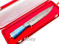 Custom Hand Damascus Steel Hunting Knife, Turquoise Stone& Brass Handle Box Gift