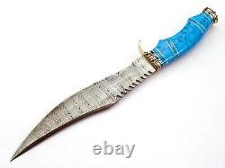 Custom Hand Forged Damascus Steel Bowie Knife With Turquoise Stone&brass Handle