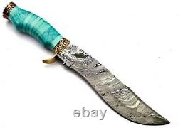 Custom Hand Forged Damascus Steel Hunting Bowie Knife With Stone & Brass Handle