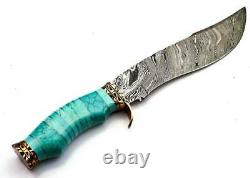 Custom Hand Forged Damascus Steel Hunting Bowie Knife With Stone & Brass Handle