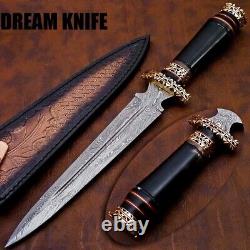 Custom Hand Forged Damascus Steel Hunting Dagger Knife Black Horn & Brass Handle