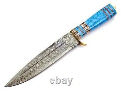 Custom Hand Forged Damascus Steel Hunting Knife, Turquoise Stone& Brass Handle