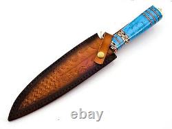 Custom Hand Forged Damascus Steel Hunting Knife, Turquoise Stone& Brass Handle
