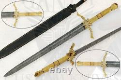 Custom Hand Made Hand Forged Damascus Steel Viking Sword, Brass & Bone Handle