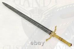 Custom Hand Made Hand Forged Damascus Steel Viking Sword, Brass & Bone Handle