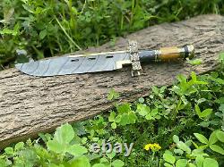Custom Handmade DAMASCUS Steel GOD FATHER BOWIE Knife With BRASS AND WOOD HANDLE