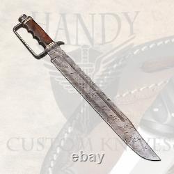 Custom Handmade Damascus Steel Blade Huntingbowie Sword With Wood, Brass Handle
