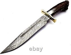 Custom Handmade Damascus Steel Bowie Knife Bull Horn Handle with & Brass Guard
