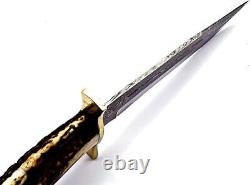 Custom Handmade Damascus Steel Bowie Knife Bull Horn Handle with & Brass Guard