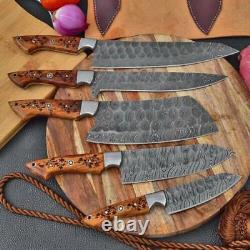 Custom Handmade Damascus Steel Chef Kitchen Set With Wood&brass Handle Leather