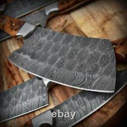 Custom Handmade Damascus Steel Chef Kitchen Set With Wood&brass Handle Leather