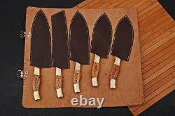 Custom Handmade Damascus Steel Chef Set of 5 Knives Wood and Brass Handle