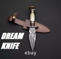 Custom Handmade Damascus Steel Dagger Knife With Deer Horn & Brass Handle