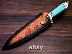 Custom Handmade Damascus Steel Dagger Knife With Turquoise Stone & Brass Handle