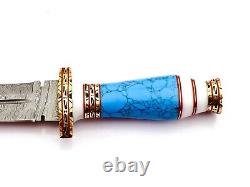 Custom Handmade Damascus Steel Dagger Knife with Turquoise Stone &Brass Handle