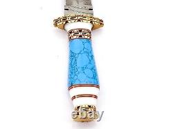 Custom Handmade Damascus Steel Dagger Knife with Turquoise Stone &Brass Handle