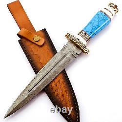Custom Handmade Damascus Steel Dagger Knives With Turquoise Stone & Brass Handle
