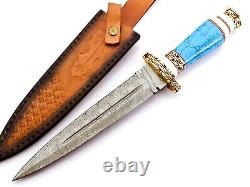 Custom Handmade Damascus Steel Dagger Knives With Turquoise Stone & Brass Handle