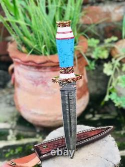 Custom Handmade Damascus Steel Dagger Turquoise Ston&brass Handle And Sheath