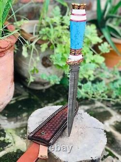 Custom Handmade Damascus Steel Dagger Turquoise Ston&brass Handle And Sheath