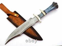 Custom Handmade Damascus Steel Hunting Bowie Knife With Bone & Brass Handle