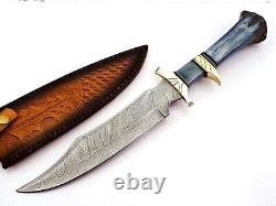 Custom Handmade Damascus Steel Hunting Bowie Knife With Bone & Brass Handle