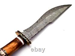 Custom Handmade Damascus Steel Hunting Bowie Knife With Brass, Raisan&Stag Handle