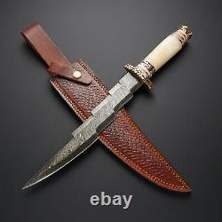 Custom Handmade Damascus Steel Hunting Knife Cut Blade/camel Bone&brass Handle
