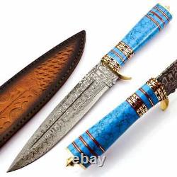 Custom Handmade Damascus Steel Hunting Knife With Turquoise Stone & Brass Handle