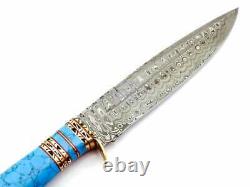 Custom Handmade Damascus Steel Hunting Knife With Turquoise Stone & Brass Handle