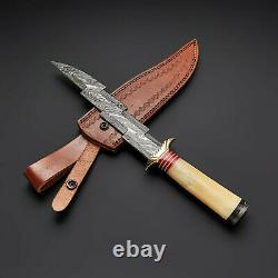 Custom Handmade Damascus Steel Hunting Knife/camel Bone And Brass Clip Handle