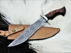 Custom Handmade Damascus Steel Hunting Knife/rose Wood And Brass Clip Handle