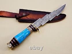 Custom Handmade Damascus Steel Hunting Knife with Turquoise Stone & Brass Handle