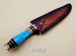 Custom Handmade Damascus Steel Hunting Knife with Turquoise Stone & Brass Handle