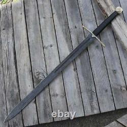 Custom Handmade Damascus Steel Hunting Sword / Brass Guard Handle Leather String
