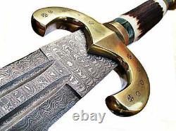 Custom Handmade Damascus Steel Hunting Sword Handle Wood And Brass
