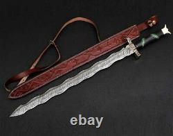 Custom Handmade Damascus Steel Hunting Sword Handle Wood And Brass Spacer