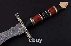 Custom Handmade Damascus Steel Hunting Sword Handle Wood And Brass Spacer