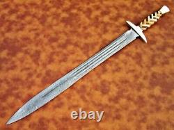Custom Handmade Damascus Steel Sword Brass & Wood Handle With Leather Sheath