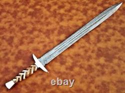 Custom Handmade Damascus Steel Sword Brass & Wood Handle With Leather Sheath