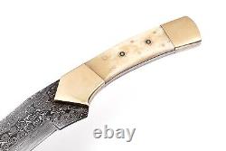 Custom Handmade Damascus Steel Sword With Bone & Brass Handle + Leather Sheath