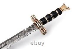 Custom Handmade Damascus Steel Sword With Horn & Brass Handle + Leather Sheath